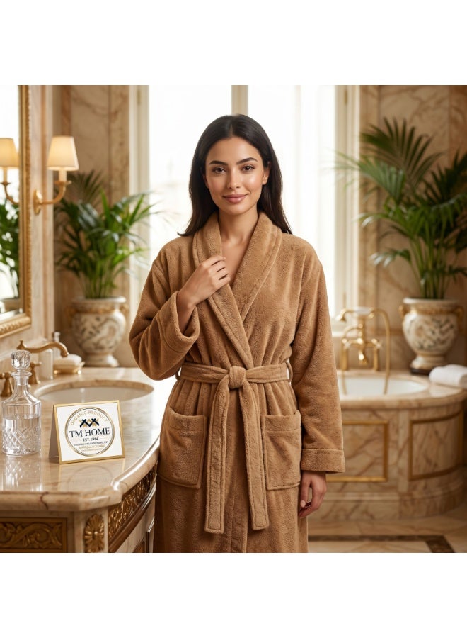 TM HOME Unisex Bathrobe, 100% Natural Cotton, Soft and Highly Absorbent, Premium Hotel Quality, Camel - Image 3