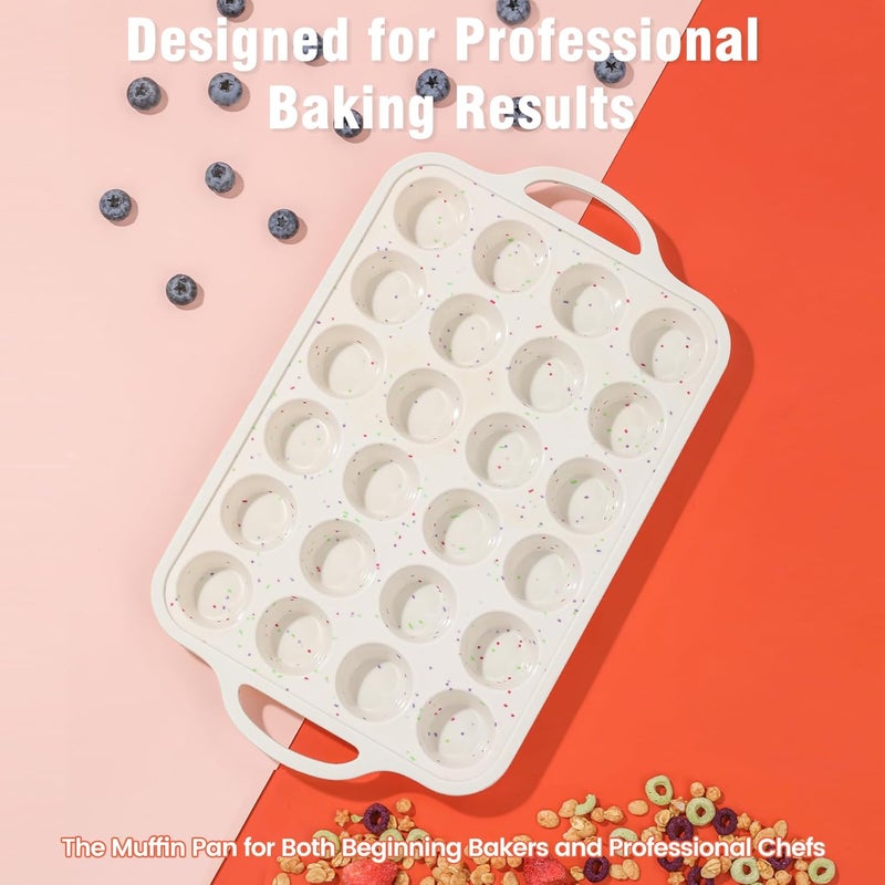 Fimary Silicone Mini Muffin Pan With Metal Reinforced Frame - 24 Cups Durable Silicone Cupcake Pan for Muffin, Cupcakes, BPA Free and Dishwasher Safe - 1 Piece Beige with Rainbow Spots - Image 2