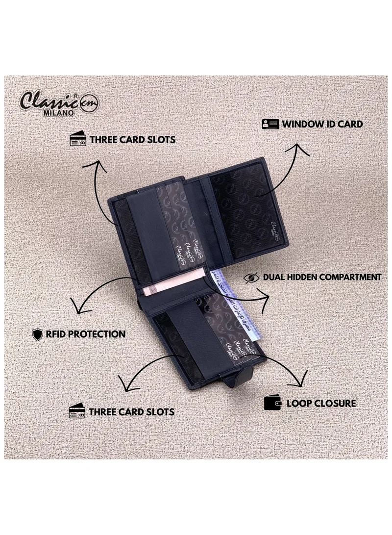 Classic Milano Blue Black (CNH-12) Classic Milano Genuine Leather Wallet for Men – Slim Bifold Men’s Wallet with RFID Blocking, Multiple Card Slots – Stylish Mens Purse Wallets Gift for Husband, Father for Men | Best Price UAE