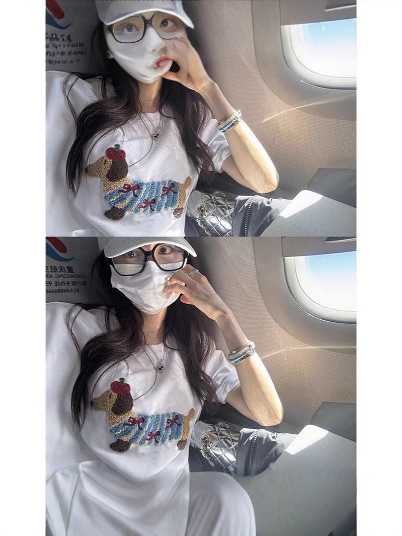 Summer Puppy Embroidery Shoulder Short-Sleeved T-Shirt Women'S New Design All-Match Casual Small Loose Elegant - Image 3