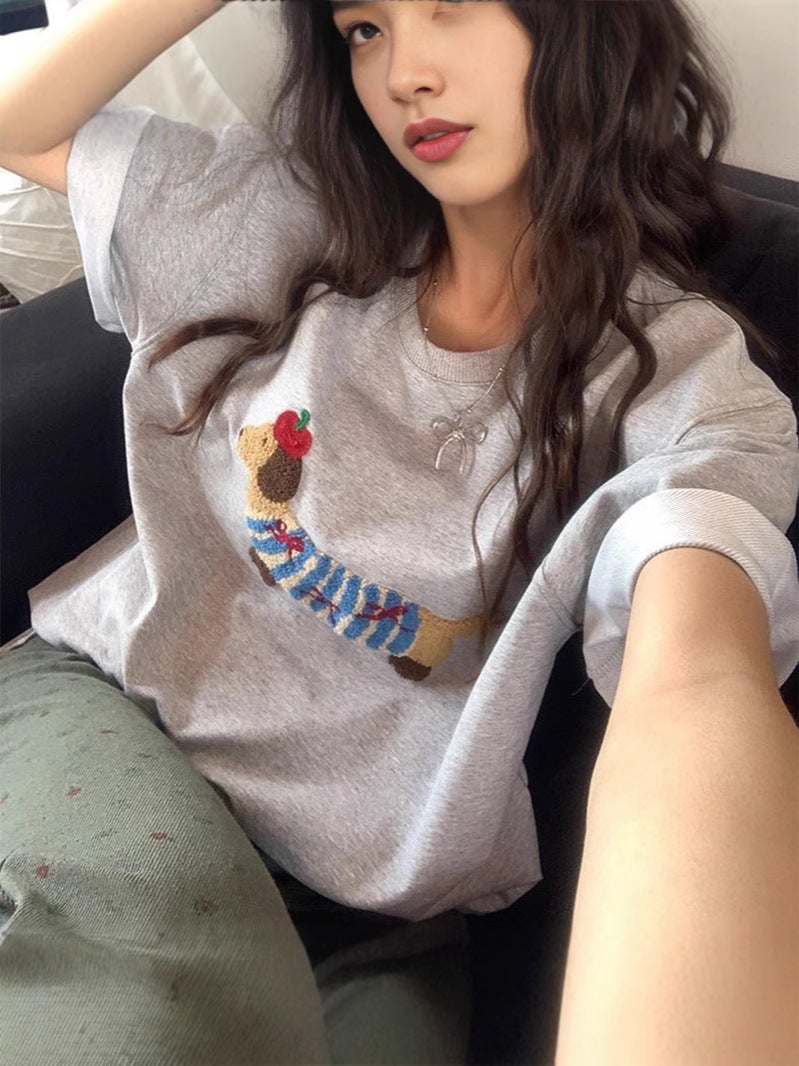 Summer Puppy Embroidery Shoulder Short-Sleeved T-Shirt Women'S New Design All-Match Casual Small Loose Elegant - Image 4