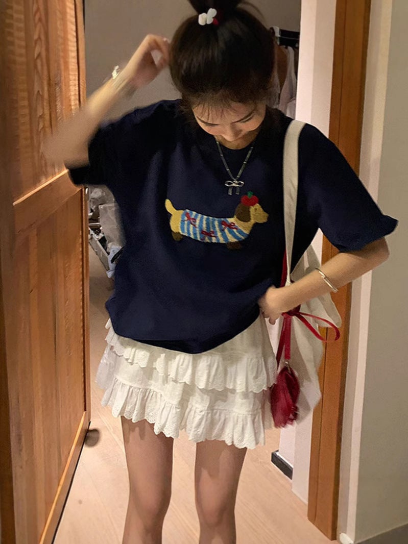 Summer Puppy Embroidery Shoulder Short-Sleeved T-Shirt Women'S New Design All-Match Casual Small Loose Elegant - Image 5