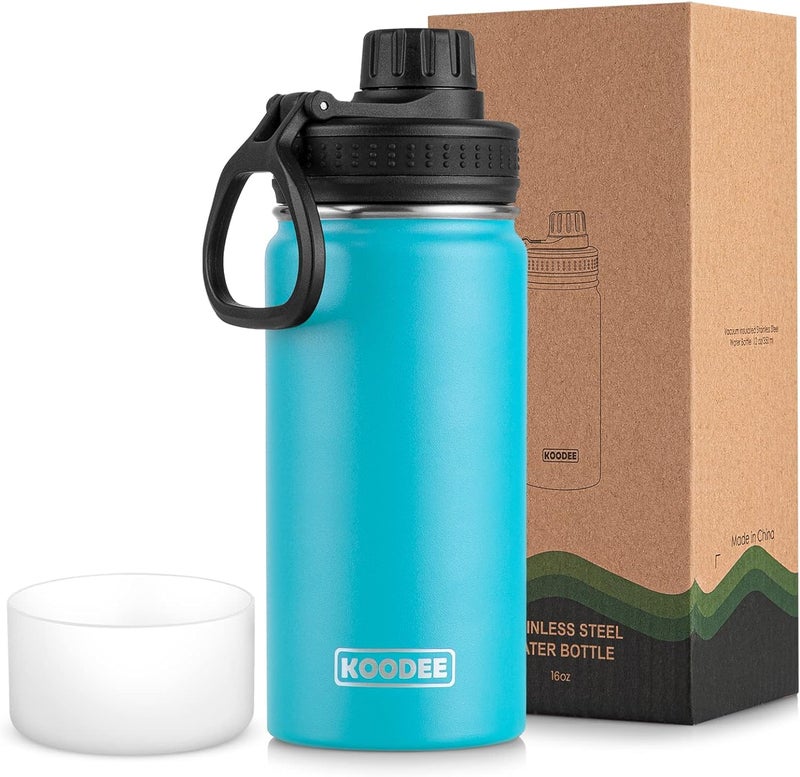 koodee koodee Water Bottle for Kids16 oz Stainless Steel Vacuum Insulated Sports Water Bottle for Black to School Reuasble Metal Wide Mouth Water Flask for Girls Boys BPA Free Sky Blue