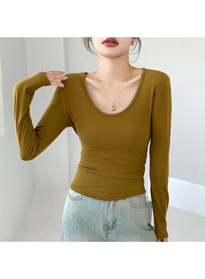 H257 Coconut Velvet Large U-neck Bottoming Shirt Autumn And Winter Brushed Inner T-shirt Long-sleeved Waist Slimming Look Flesh-covering Pleated Top