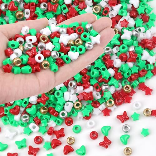 GMMA White Red Green Pony Beads Shapes for Jewelry Making 1000 Pcs Plastic Heart Star Butterfly Gold Silver Round Beads for Christmas Decorations Friendship Bracelet Making Necklace Supplies - Image 1