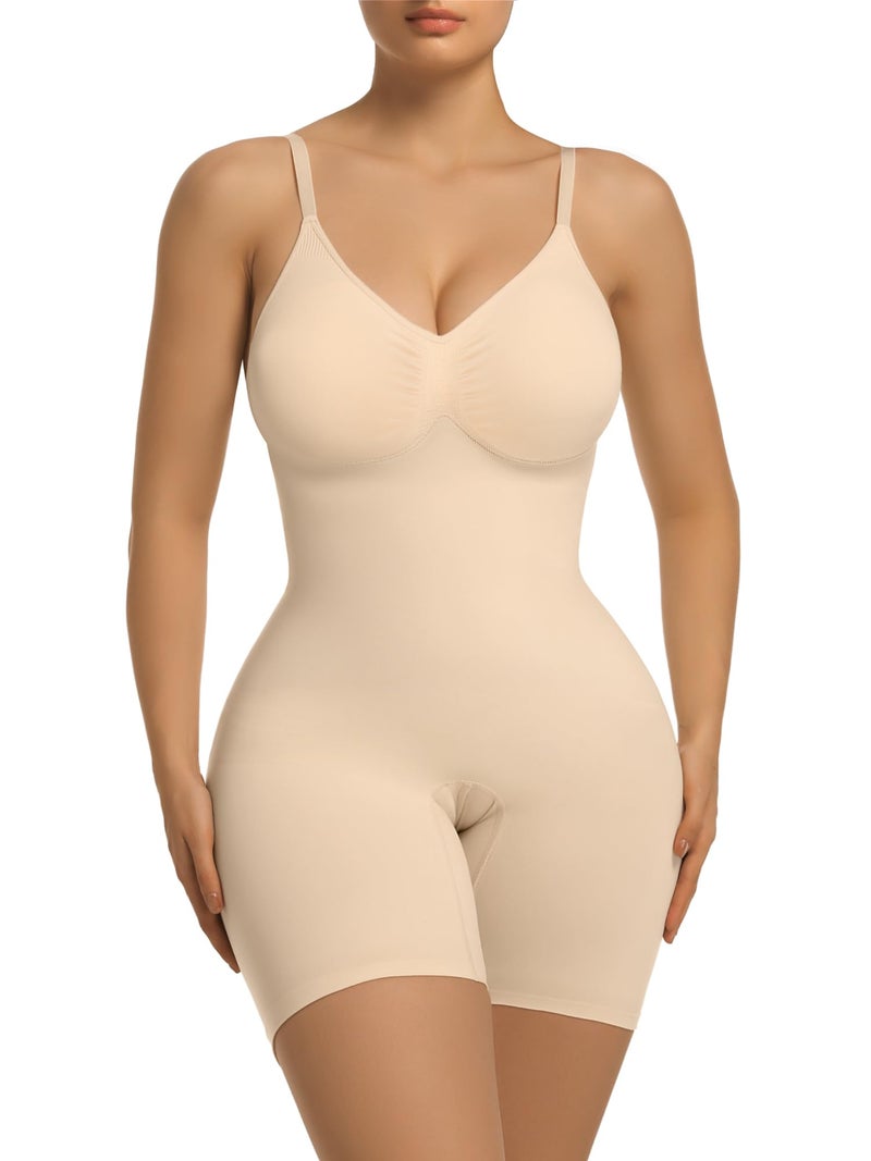 SHAPERX Women's Shapewear Tummy Control Bodysuit with Removable Pads Seamless Sculpting Mid Thigh Body Shaper,SZ5468-Beige-L/XL - Image 1
