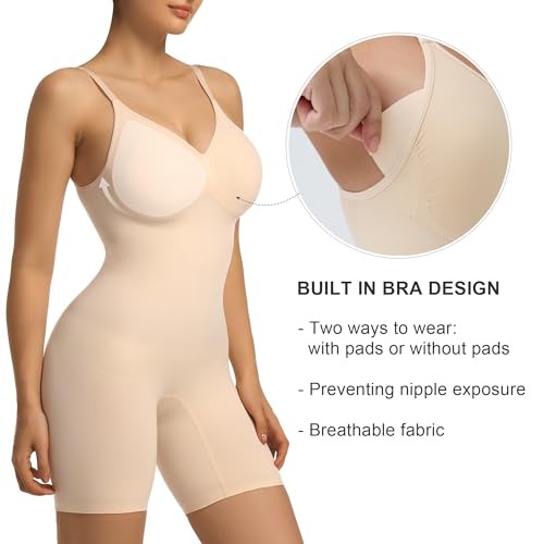 SHAPERX Women's Shapewear Tummy Control Bodysuit with Removable Pads Seamless Sculpting Mid Thigh Body Shaper,SZ5468-Beige-L/XL - Image 2