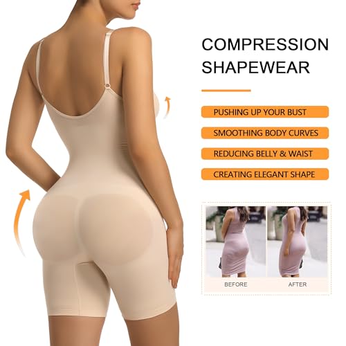 SHAPERX Women's Shapewear Tummy Control Bodysuit with Removable Pads Seamless Sculpting Mid Thigh Body Shaper,SZ5468-Beige-L/XL - Image 5