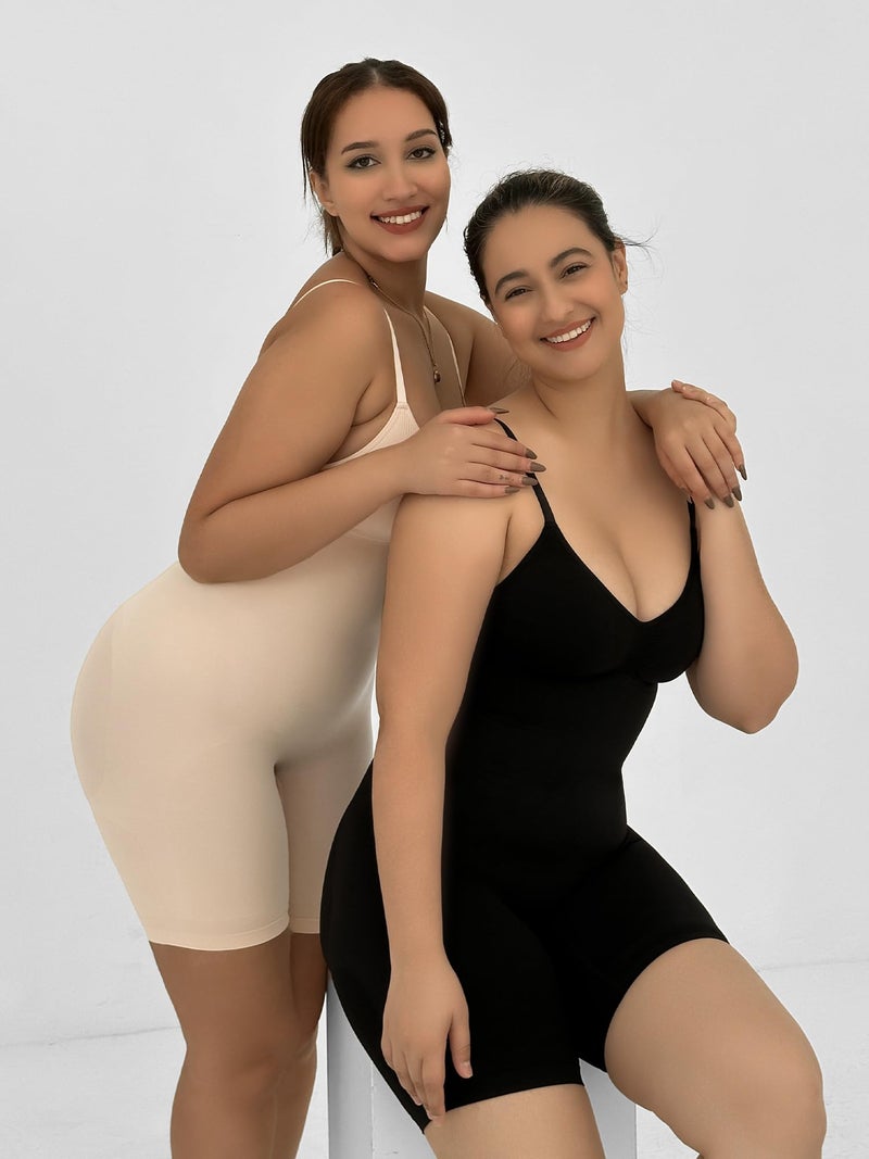 SHAPERX Women's Shapewear Tummy Control Bodysuit with Removable Pads Seamless Sculpting Mid Thigh Body Shaper,SZ5468-Beige-L/XL - Image 4