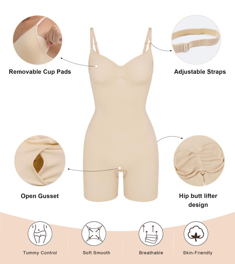 SHAPERX Women's Shapewear Tummy Control Bodysuit with Removable Pads Seamless Sculpting Mid Thigh Body Shaper,SZ5468-Beige-L/XL - Image 3