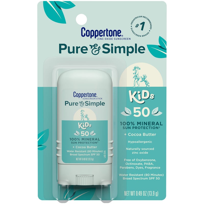 Coppertone Pure and Simple Kids Sunscreen Stick SPF 50, Zinc Oxide Mineral Sunscreen for Kids, Body and Face, 0.49 Oz Stick - Image 1