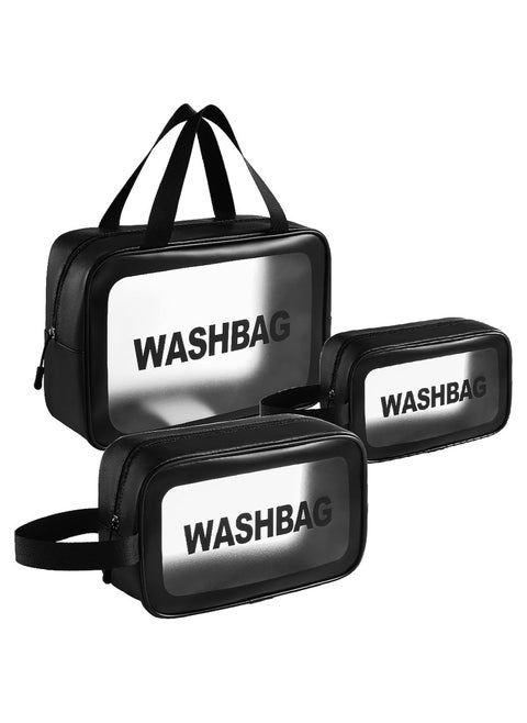 Clear Toiletry Bag 3 PCS  , Makeup Cosmetic Bag, Transparent Travel Wash Bag for Women and Girls - Black.