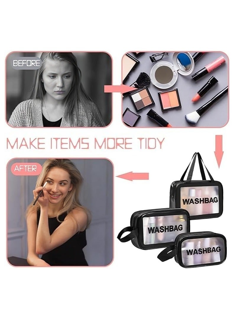 3 PCS Makeup Cosmetic Bag, Transparent Travel Wash Bag for Women and Girls - Black. - Image 4