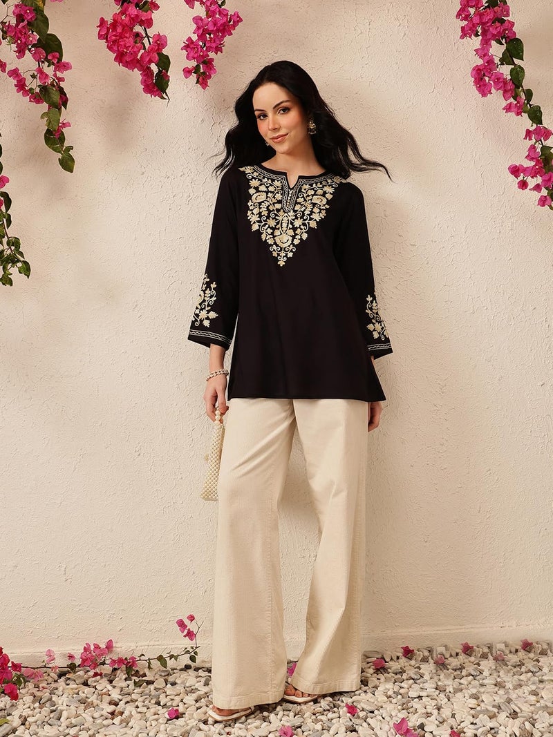 QAZMI Women Rayon Regular Fit Jasmine Kashmiri A-Line Short Kurti_S Black, Small - Image 4