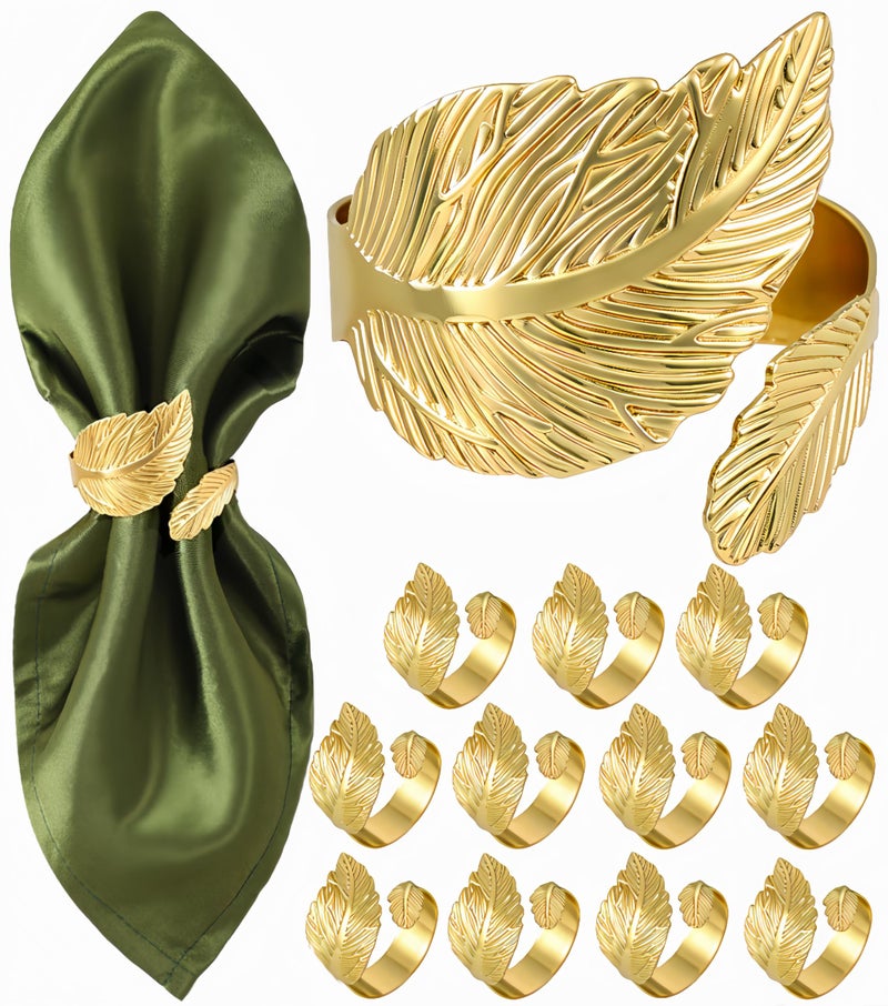 MONKKINO Napkin Rings Set of 12 Shiny Gold Napkin Rings Smooth Easy Care Solid Metal Laurel Leaf Shaped Elegant Table Decor Stylish Napkin Ring Bulk for Holidays Wedding Party New Homes Gift - Image 2