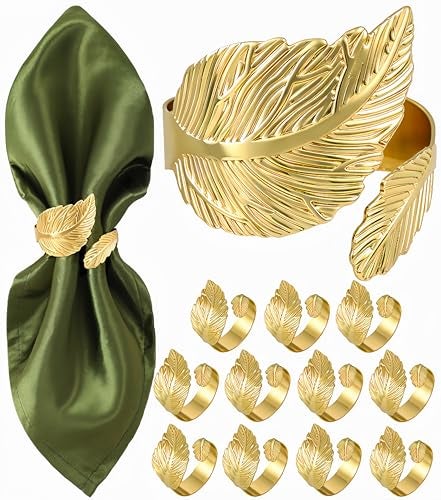 MONKKINO Napkin Rings Set of 12 Shiny Gold Napkin Rings Smooth Easy Care Solid Metal Laurel Leaf Shaped Elegant Table Decor Stylish Napkin Ring Bulk for Holidays Wedding Party New Homes Gift - Image 1