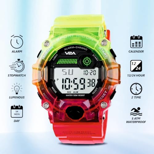 V2A Digital 5ATM Waterproof Kids Sports Watch with Backlight Alarm Stopwatch for Boys and Girls (Green-Red) - Image 5