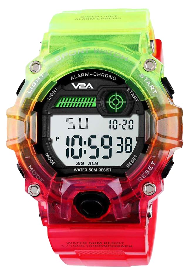 V2A Digital 5ATM Waterproof Kids Sports Watch with Backlight Alarm Stopwatch for Boys and Girls (Green-Red) - Image 1
