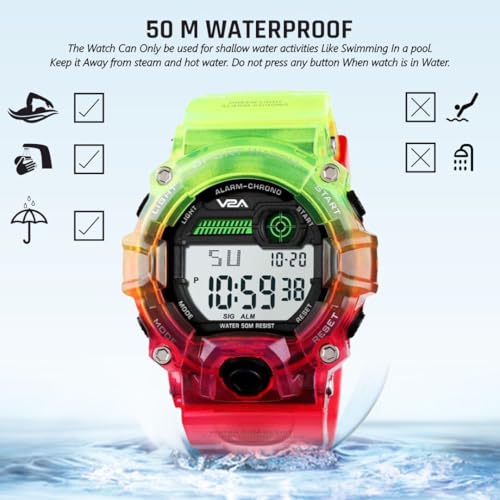 V2A Digital 5ATM Waterproof Kids Sports Watch with Backlight Alarm Stopwatch for Boys and Girls (Green-Red) - Image 3