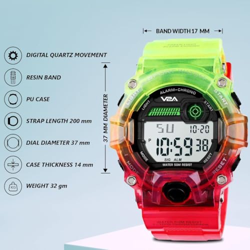 V2A Digital 5ATM Waterproof Kids Sports Watch with Backlight Alarm Stopwatch for Boys and Girls (Green-Red) - Image 4