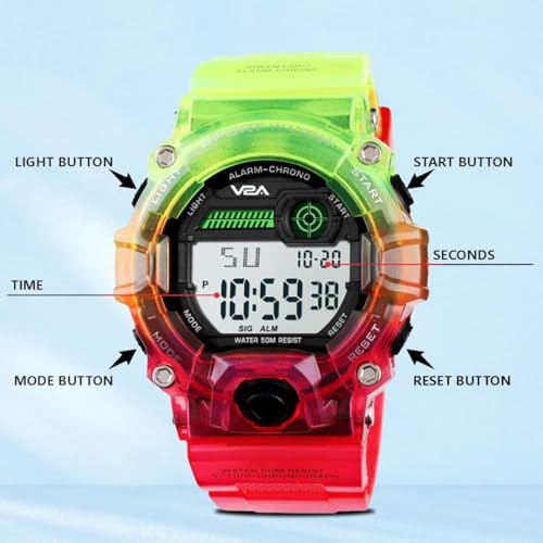 V2A Digital 5ATM Waterproof Kids Sports Watch with Backlight Alarm Stopwatch for Boys and Girls (Green-Red) - Image 2