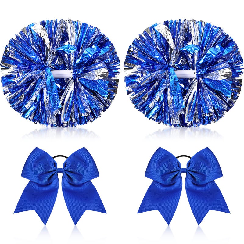 Canlierr 4 Pcs Cheerleading Pom Poms with Baton Handle and Cheerleader Hair Bows 14 Inch Metallic Cheer Supplies for School Team Spirit Sports Dance CheeringBlue - Image 2