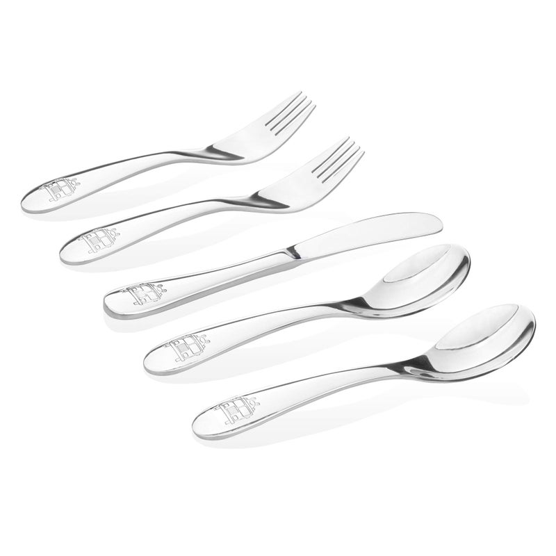 Kiddobloom Kids Stainless Steel Utensil Set  Premium 304 188  Fun Fire Truck Design  5Piece Set 2 Spoons 2 Forks  1 Butter Knife  Safe  Durable for Toddlers and Children  by Kiddobloom 