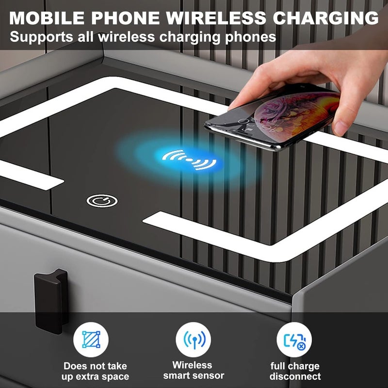 Harmony Homes طاولة جانبية ذكية من هارموني هومز مع شحن لاسلكي، منافذ USB ومكبر صوت بلوتوث – طاولة سرير عصرية مع 3 أدراج وإضاءة LED قابلة للتعديل – طاولة جانبية لغرفة النوم وغرفة المعيشة – رمادي داكن - Image 5