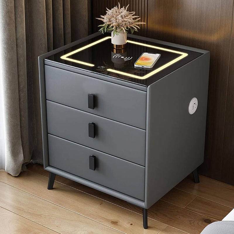 Harmony Homes طاولة جانبية ذكية من هارموني هومز مع شحن لاسلكي، منافذ USB ومكبر صوت بلوتوث – طاولة سرير عصرية مع 3 أدراج وإضاءة LED قابلة للتعديل – طاولة جانبية لغرفة النوم وغرفة المعيشة – رمادي داكن - Image 3