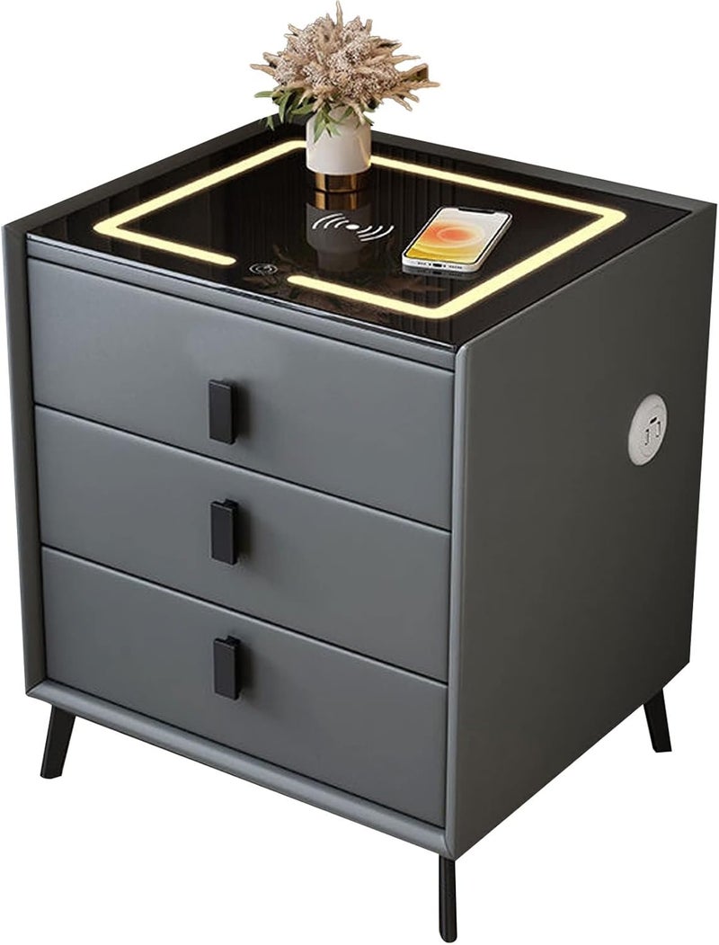 Harmony Homes طاولة جانبية ذكية من هارموني هومز مع شحن لاسلكي، منافذ USB ومكبر صوت بلوتوث – طاولة سرير عصرية مع 3 أدراج وإضاءة LED قابلة للتعديل – طاولة جانبية لغرفة النوم وغرفة المعيشة – رمادي داكن - Image 2