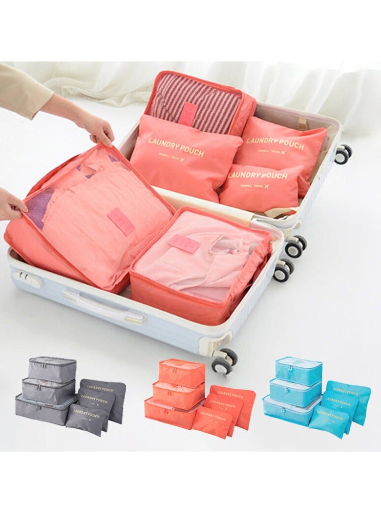 عام مجموعة حقائب تخزين للسفر مكونة من 6 قطع – مكعبات تنظيم متعددة الاستخدام بألوان برتقالي، رمادي، وأزرق، مثالية لترتيب الملابس، مستلزمات التجميل، الأغراض الشخصية، وفصل الأشياء الجافة والرطبة، خفيفة الو - Image 1