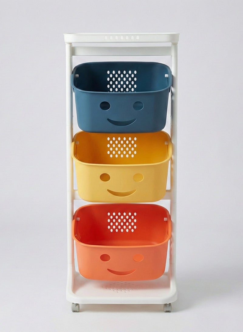 اقسي عربة تخزين بثلاثة أرفف مزودة بصناديق عليها رسومات وجوه  مبتسمة، إطار أبيض مع سلال زرقاء وصفراء وبرتقالية، تصميم جيد التهوية وحدة تخزين بلاستيك عملية وأنيقة - Image 1