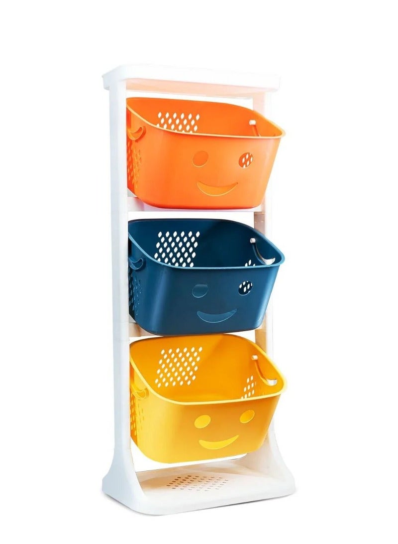 اقسي عربة تخزين بثلاثة أرفف مزودة بصناديق عليها رسومات وجوه  مبتسمة، إطار أبيض مع سلال زرقاء وصفراء وبرتقالية، تصميم جيد التهوية وحدة تخزين بلاستيك عملية وأنيقة - Image 4