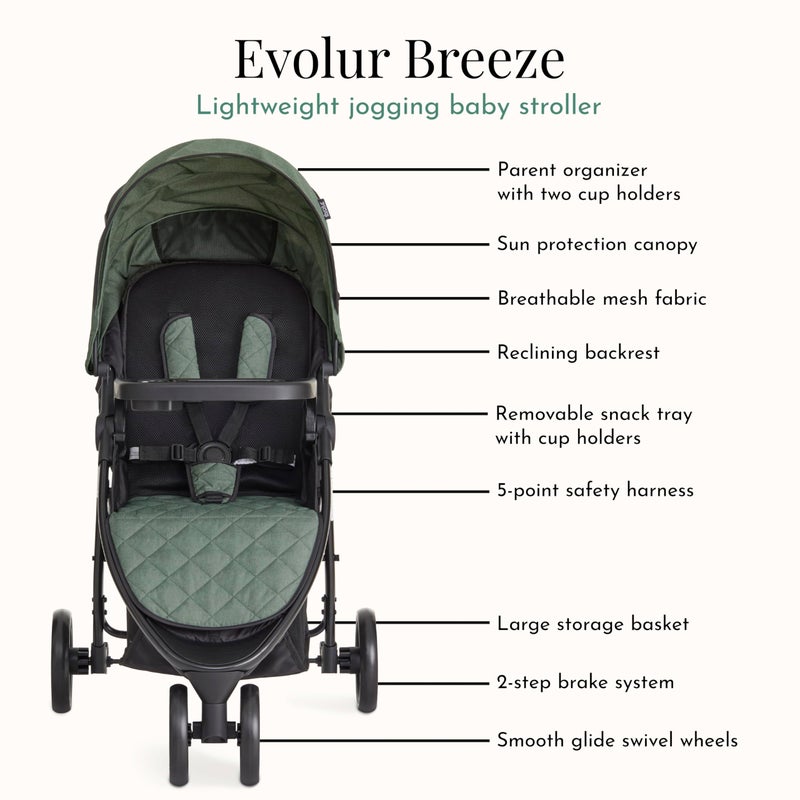 Evolur Breeze Stroller in Green, Adjustable Backrest & Canopy, Compact Fold Lightweight Baby/Toddler Stroller with Storage Basket - Image 4