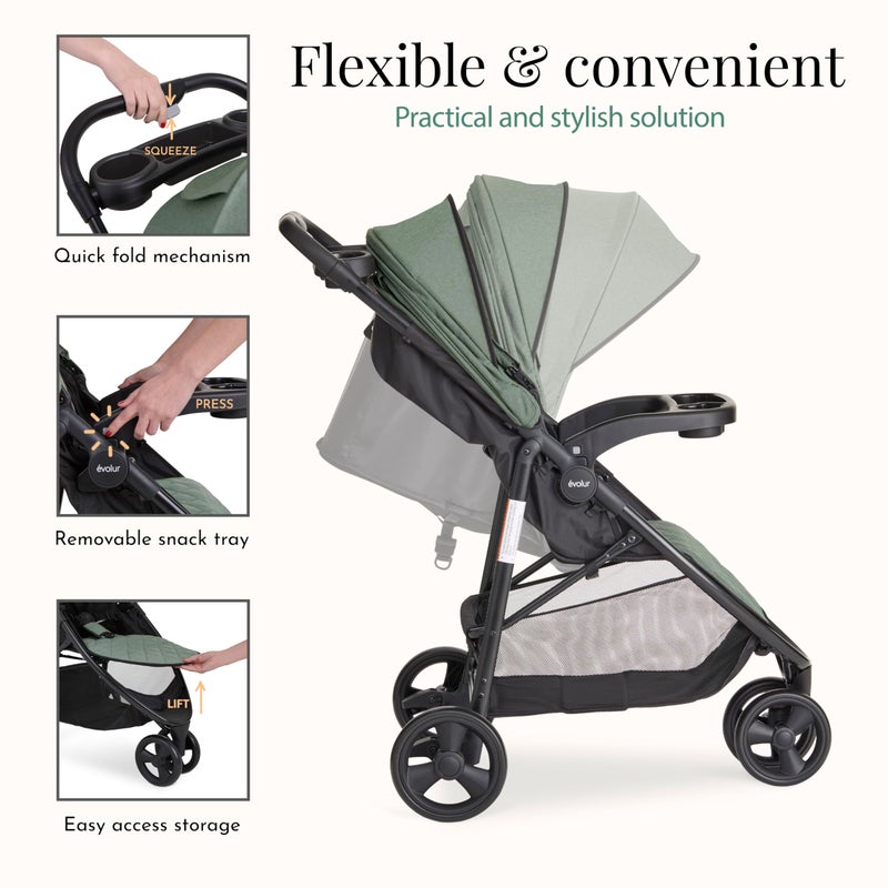 Evolur Breeze Stroller in Green, Adjustable Backrest & Canopy, Compact Fold Lightweight Baby/Toddler Stroller with Storage Basket - Image 3