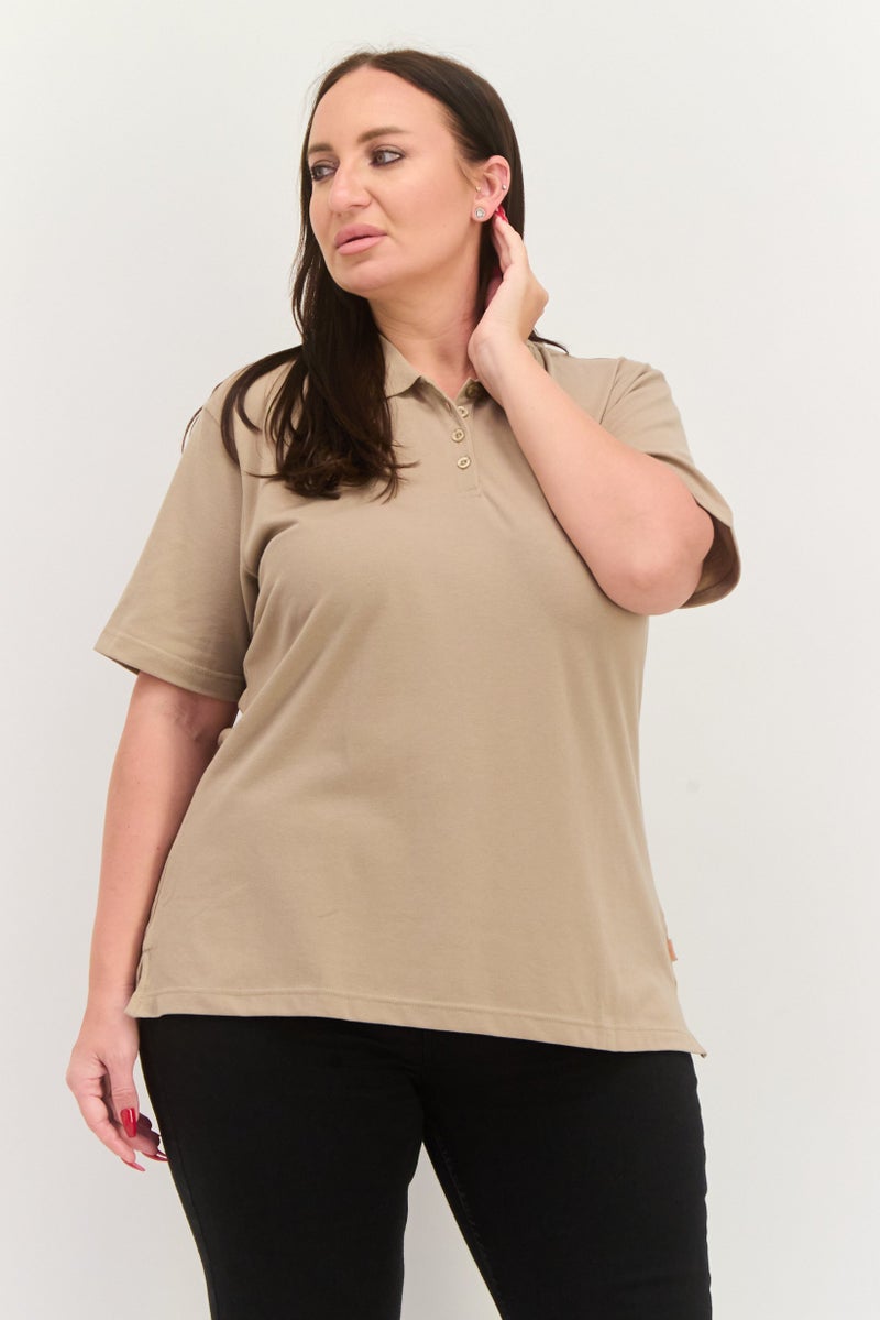 Featherlite Women Comfort Fit Plain Short Sleeves Polo Shirt, Light Beige - Image 1