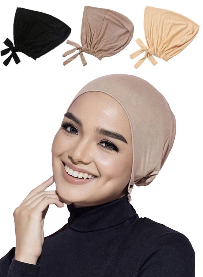 قبعة تحت الوشاح للنساء من 3 قطع، قبعة حجاب اسلامية تحت الوشاح مع رباط خلفي للاغلاق - Image 1