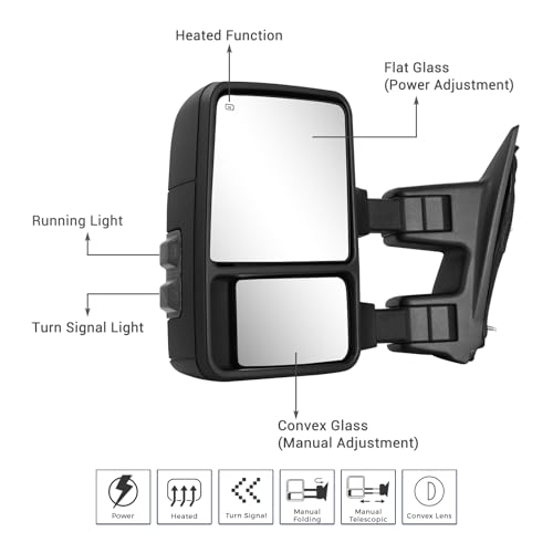 Sanooer Towing Mirrors Compatible With 1999-2016 Ford F250 F350 F450 F550 Super Duty Truck Side Tow Mirrors, Super Duty Mirrors, Power Heated Manual telescoping&folding Pair LED Turn Signal Smoke - Image 2