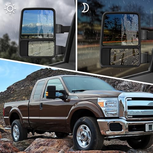 Sanooer Towing Mirrors Compatible With 1999-2016 Ford F250 F350 F450 F550 Super Duty Truck Side Tow Mirrors, Super Duty Mirrors, Power Heated Manual telescoping&folding Pair LED Turn Signal Smoke - Image 4