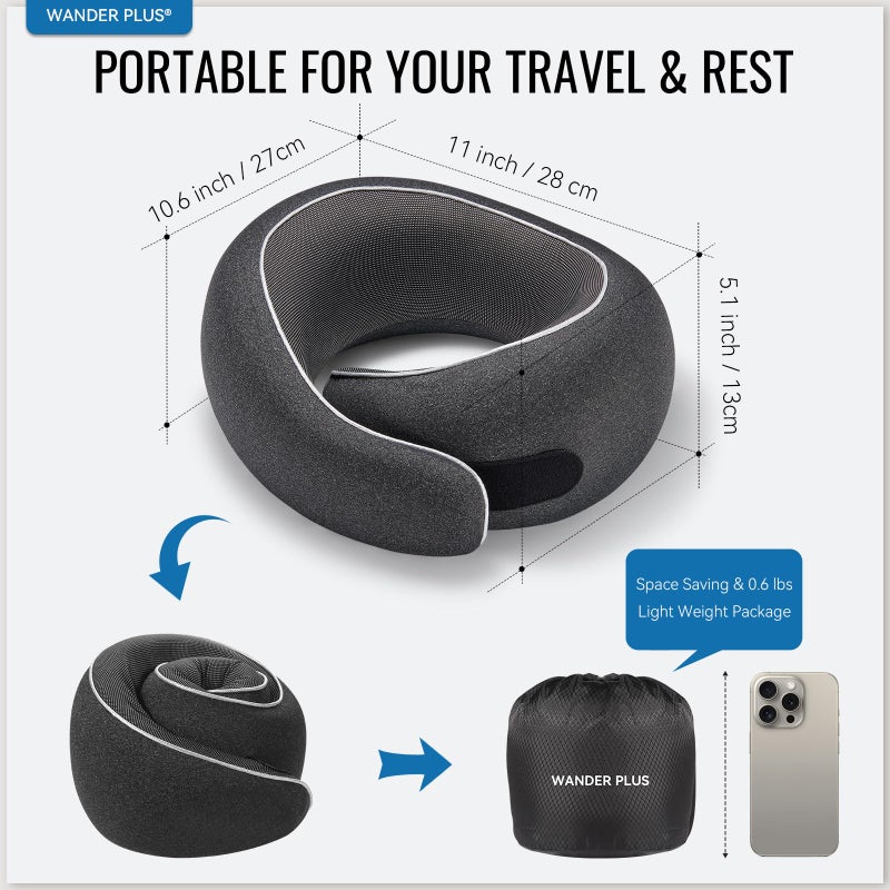 WANDER PLUSÂ® Travel Neck Pillow, Pure Memory Foam Neck Pillow for Airplanes, Comfortable Breathable Cover, 360 Degree Support Ergonomic Design Best for Sleeping Plane Train Travel Essentials Max Black - Image 3