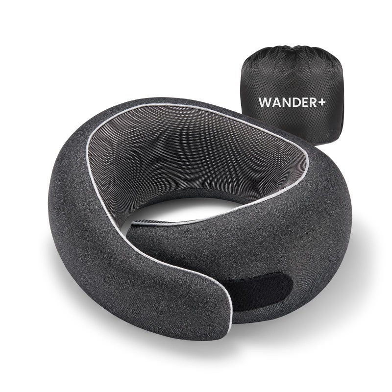 WANDER PLUSÂ® Travel Neck Pillow, Pure Memory Foam Neck Pillow for Airplanes, Comfortable Breathable Cover, 360 Degree Support Ergonomic Design Best for Sleeping Plane Train Travel Essentials Max Black - Image 1