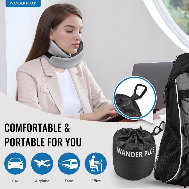 WANDER PLUSÂ® Travel Neck Pillow, Pure Memory Foam Neck Pillow for Airplanes, Comfortable Breathable Cover, 360 Degree Support Ergonomic Design Best for Sleeping Plane Train Travel Essentials Max Black - Image 2