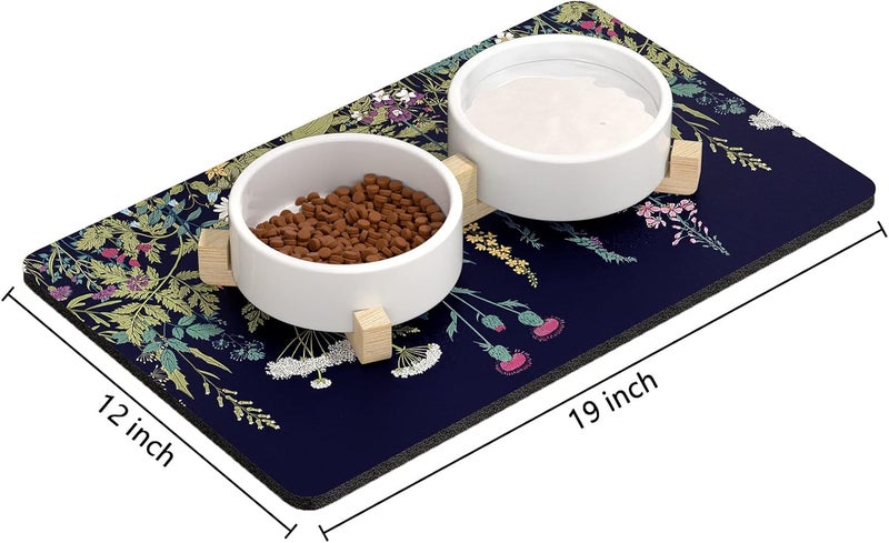 Rnivvi Dog Food Mat, 12" x 19" Flower Absorbent Dog Cat Bowl Mat for Food and Water, Cute Anti-Slip Rubber Pet Feeding Rug Protect Floors, Puppy Placemat for Feeding & Watering Supplies,Black Floral - Image 2
