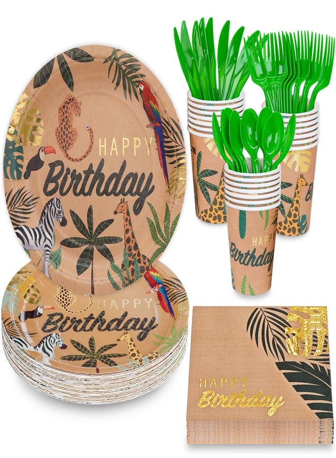 DYLIVeS Safari Jungle Birthday Party Supplies Tableware, Zoo Theme Gold Foil Forest Animal Party Decorations Packs Baby Shower - Disposable Plates, Cups, Napkins, Cutlery (Serves 24, Total 144pcs) - Image 1