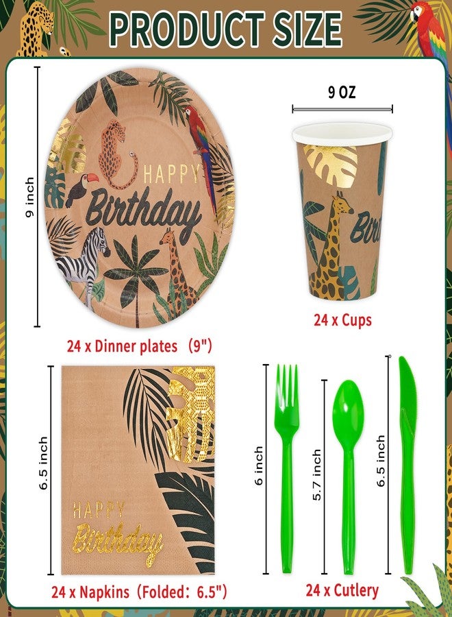 DYLIVeS Safari Jungle Birthday Party Supplies Tableware, Zoo Theme Gold Foil Forest Animal Party Decorations Packs Baby Shower - Disposable Plates, Cups, Napkins, Cutlery (Serves 24, Total 144pcs) - Image 2