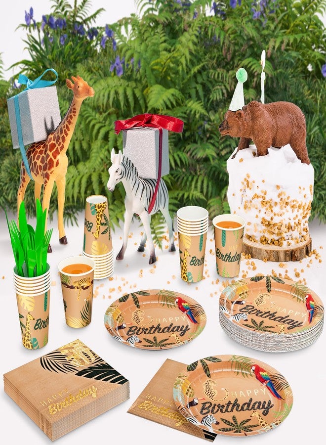 DYLIVeS Safari Jungle Birthday Party Supplies Tableware, Zoo Theme Gold Foil Forest Animal Party Decorations Packs Baby Shower - Disposable Plates, Cups, Napkins, Cutlery (Serves 24, Total 144pcs) - Image 3