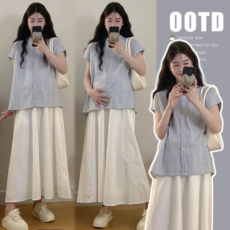 Maternity Summer 2024 New suit Fashion Stylish Shirt Top Belly-supporting Skirt Summer Two-piece Set White Skirt