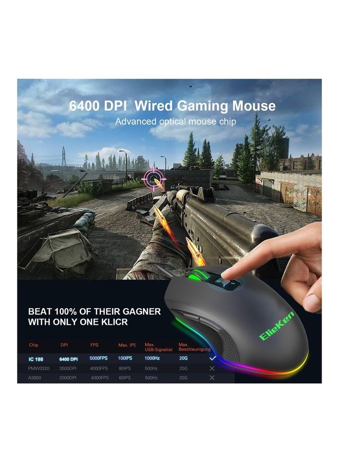 ElieKen Gaming Mouse Wired Breathing Rgb Led Plug Play High Precision Adjustable 6400 Dpi Upgrade For Laptop With Easy Click And Office Home Gamer Black - Image 5