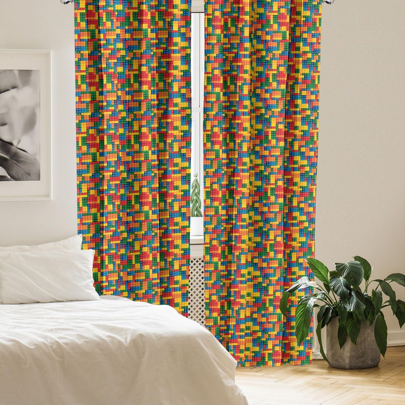 Ambesonne Building Blocks Window Curtains  Themed Digital Design Toy Dotted Matching Rectangles Print  Lightweight Decor 2-Panel Set with Rod Pocket  Pair of - 28"" x 95""  Yellow Red - Image 4