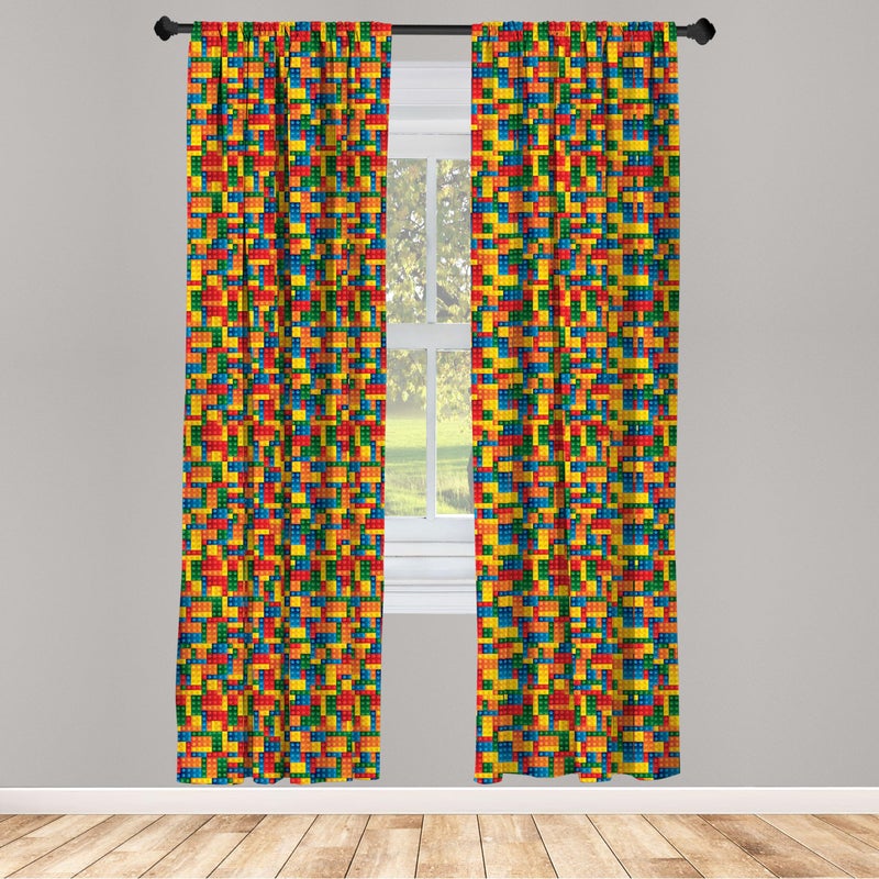 Ambesonne Building Blocks Window Curtains  Themed Digital Design Toy Dotted Matching Rectangles Print  Lightweight Decor 2-Panel Set with Rod Pocket  Pair of - 28"" x 95""  Yellow Red - Image 2